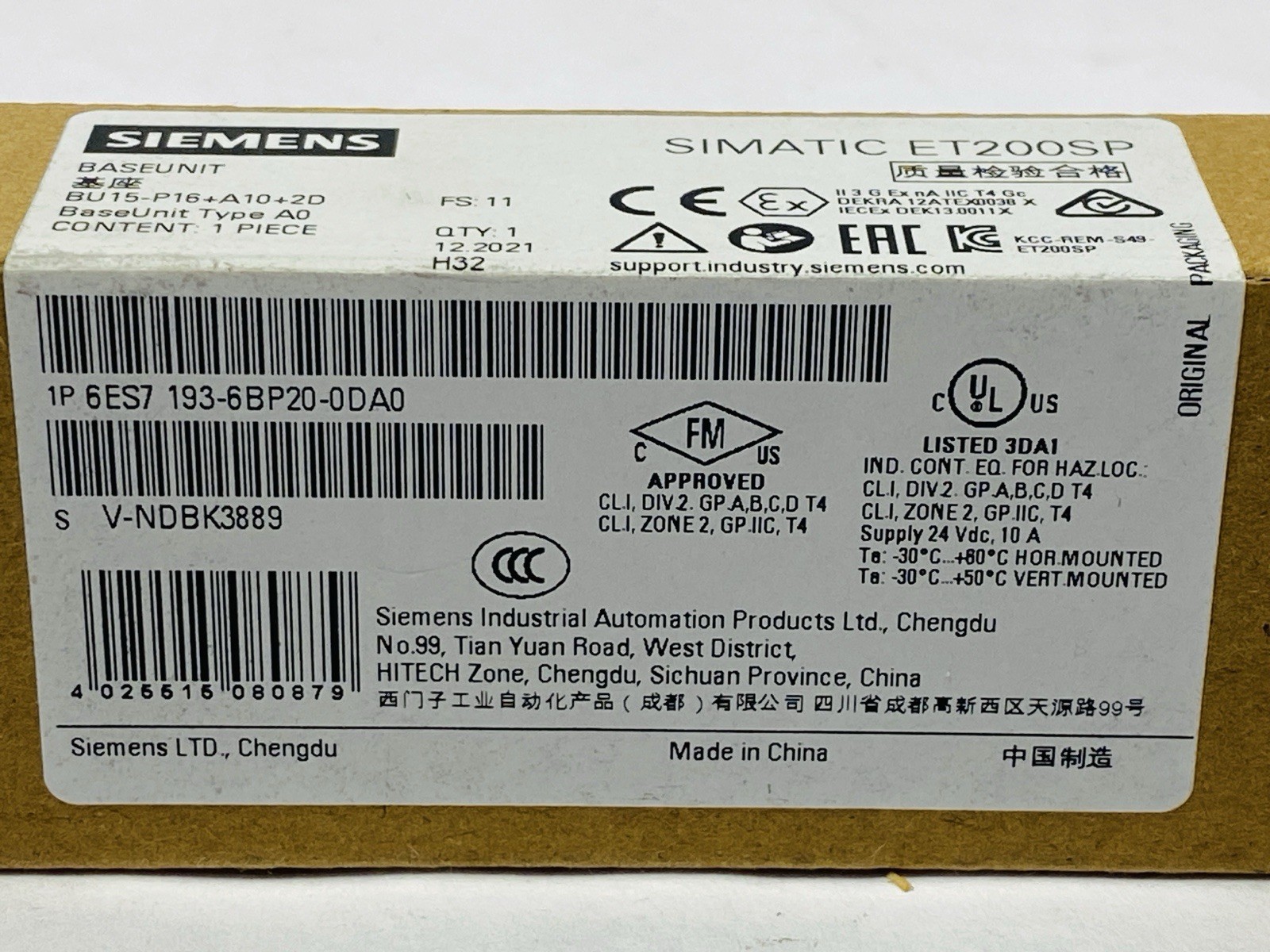 Siemens 6ES7 193-6BP20-0DA0 SIMATIC ET 200SP Base Unit BU15-P16+A10+2D