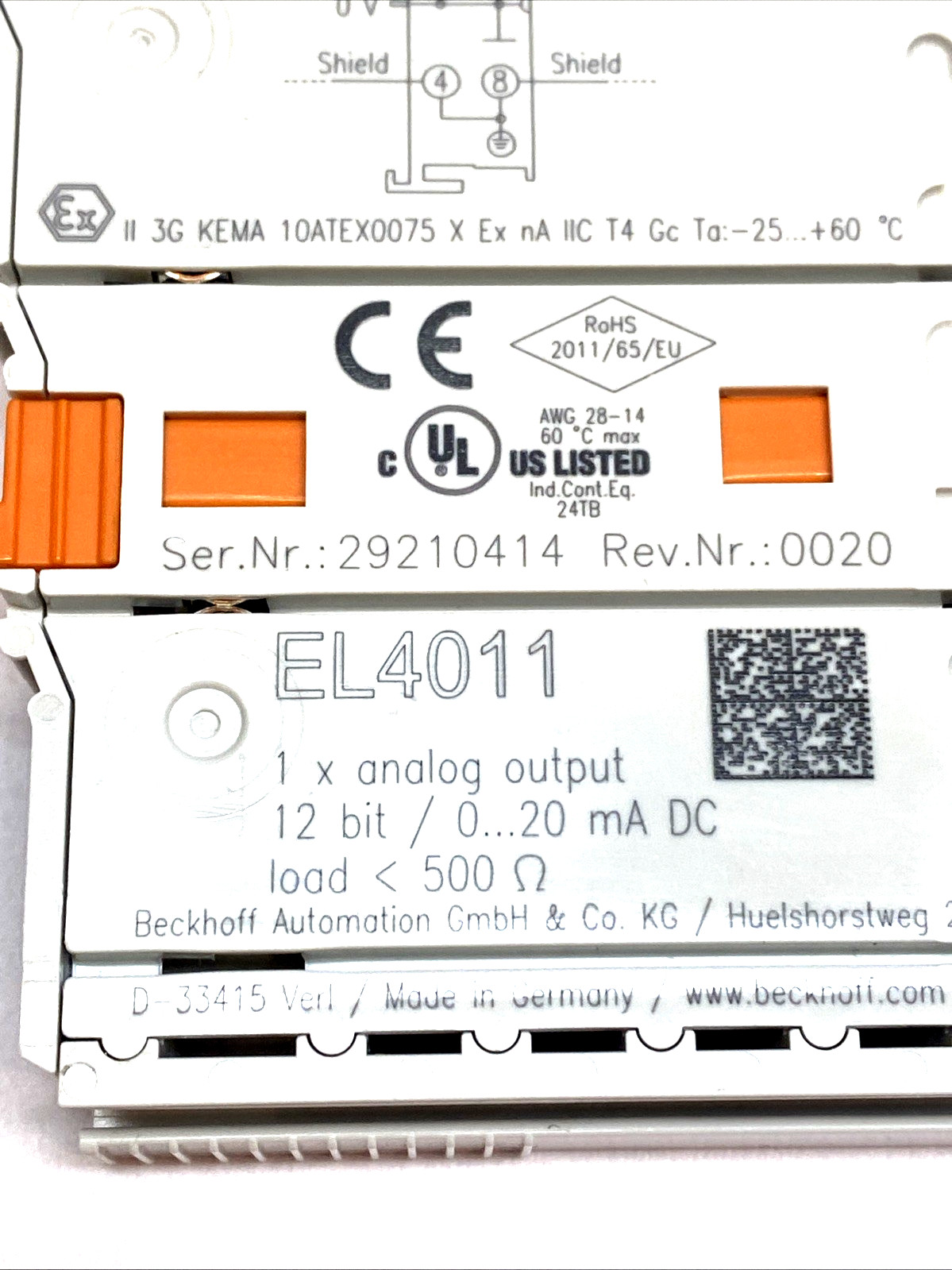 Beckhoff EL4011 EtherCAT Analog Output Terminal 1-Channel 0-20mA 12Bit