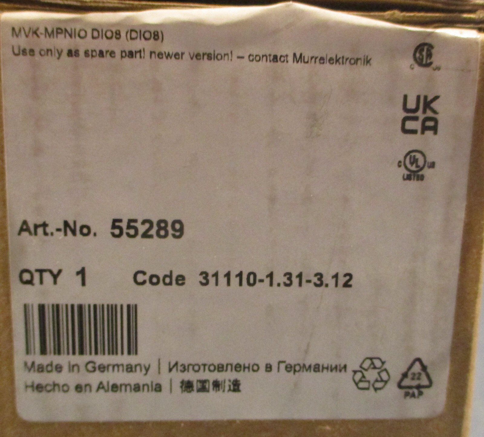 Murr Elektronik 55289 ProfiNet Module MVK-MPNIO DIO8 24VDC 31110-1.31-3.12