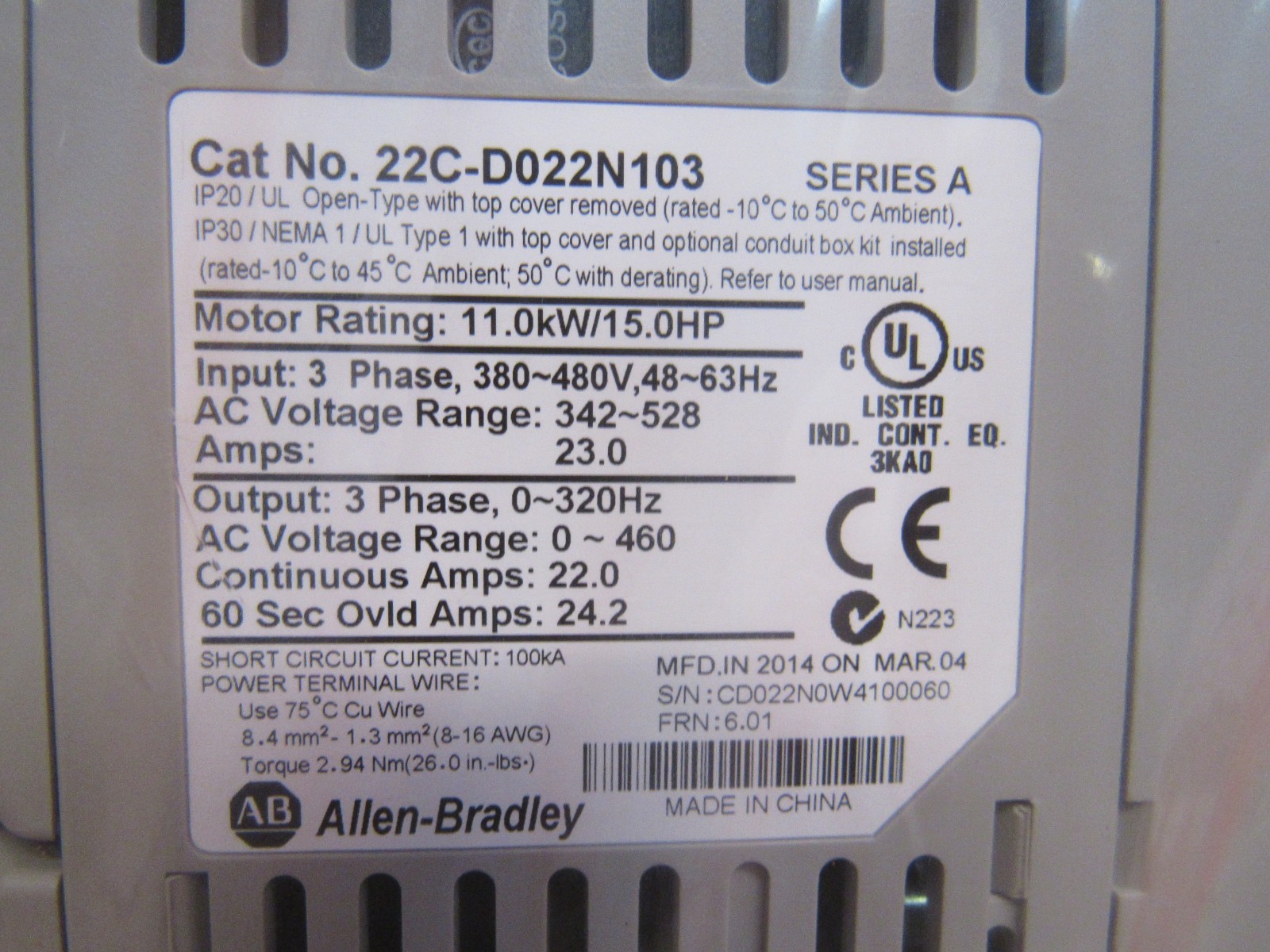 22C-D022N103 AB PowerFlex 400- 11 kW (15 HP) AC Drive New US Free Tax