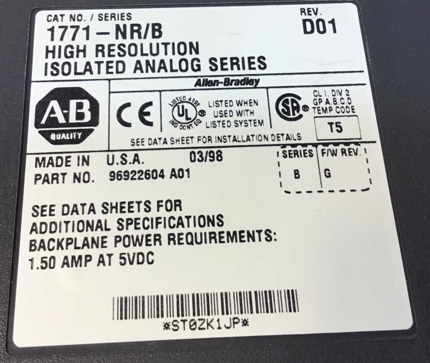 Allen Bradley 1771-NR/B PLC-5 High Resolution Analog Series Module 3C-2