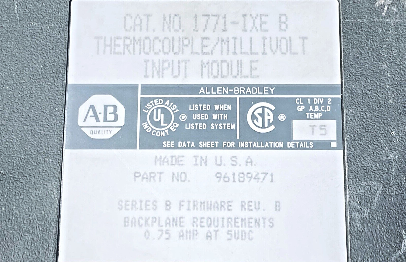 ALLEN BRADLEY 1771-IXE THERMOCOUPLE / MILLIVOLT INPUT MODULE SER. B
