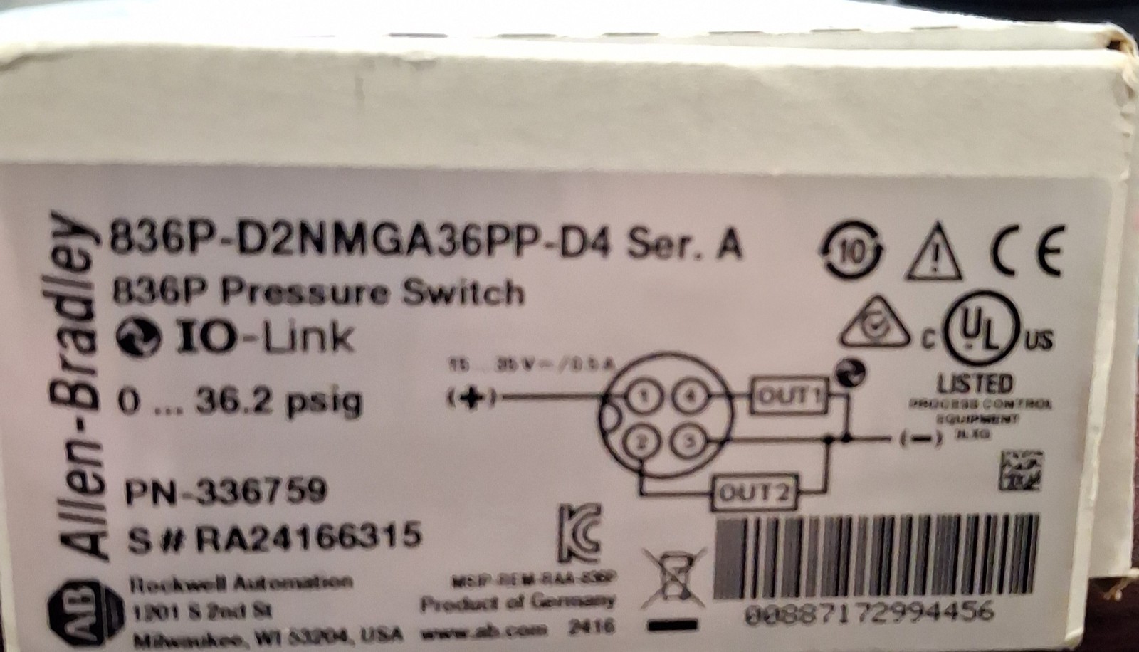 Allen-Bradley Pressure Sensor, 836P-D2NMGA36PP-D4 Ser. A New Open Box