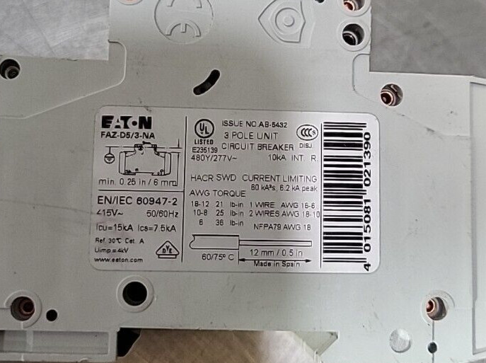 EATON FAZ-D5/3-NA 3 Pole Circuit Breaker (BIN354)