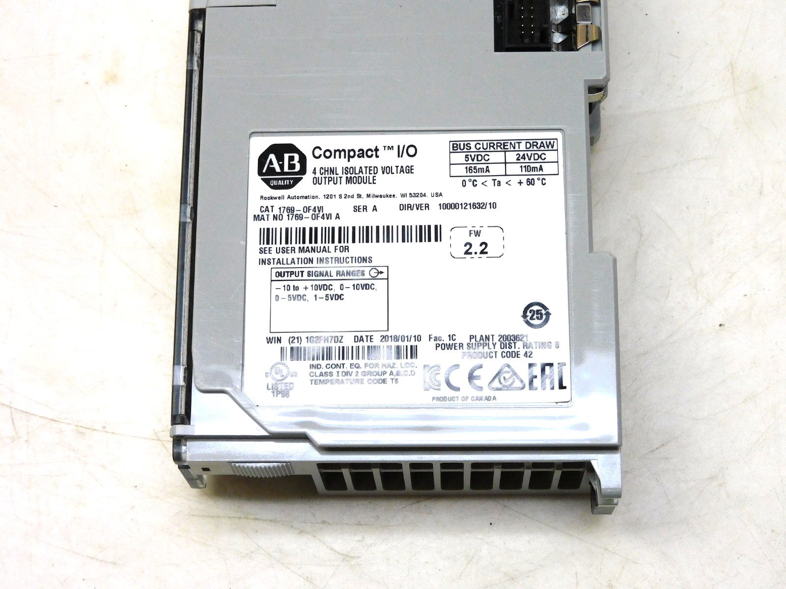 Allen Bradley 1769-0F4VI Compact I/O 4CH Voltage Output Module FW 2.2 1769-OF4VI