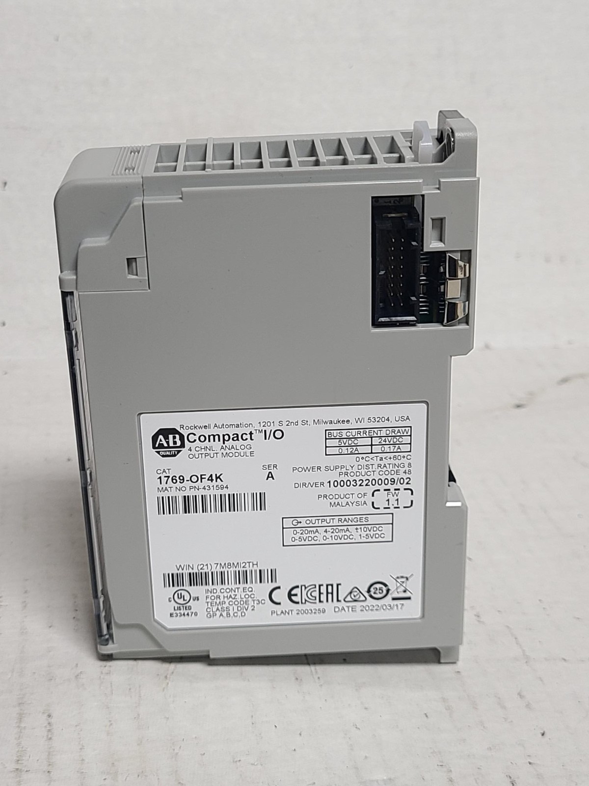ALLEN BRADLEY 1769-OF4K 4 CHANNEL ANALOG OUTPUT MODULE
