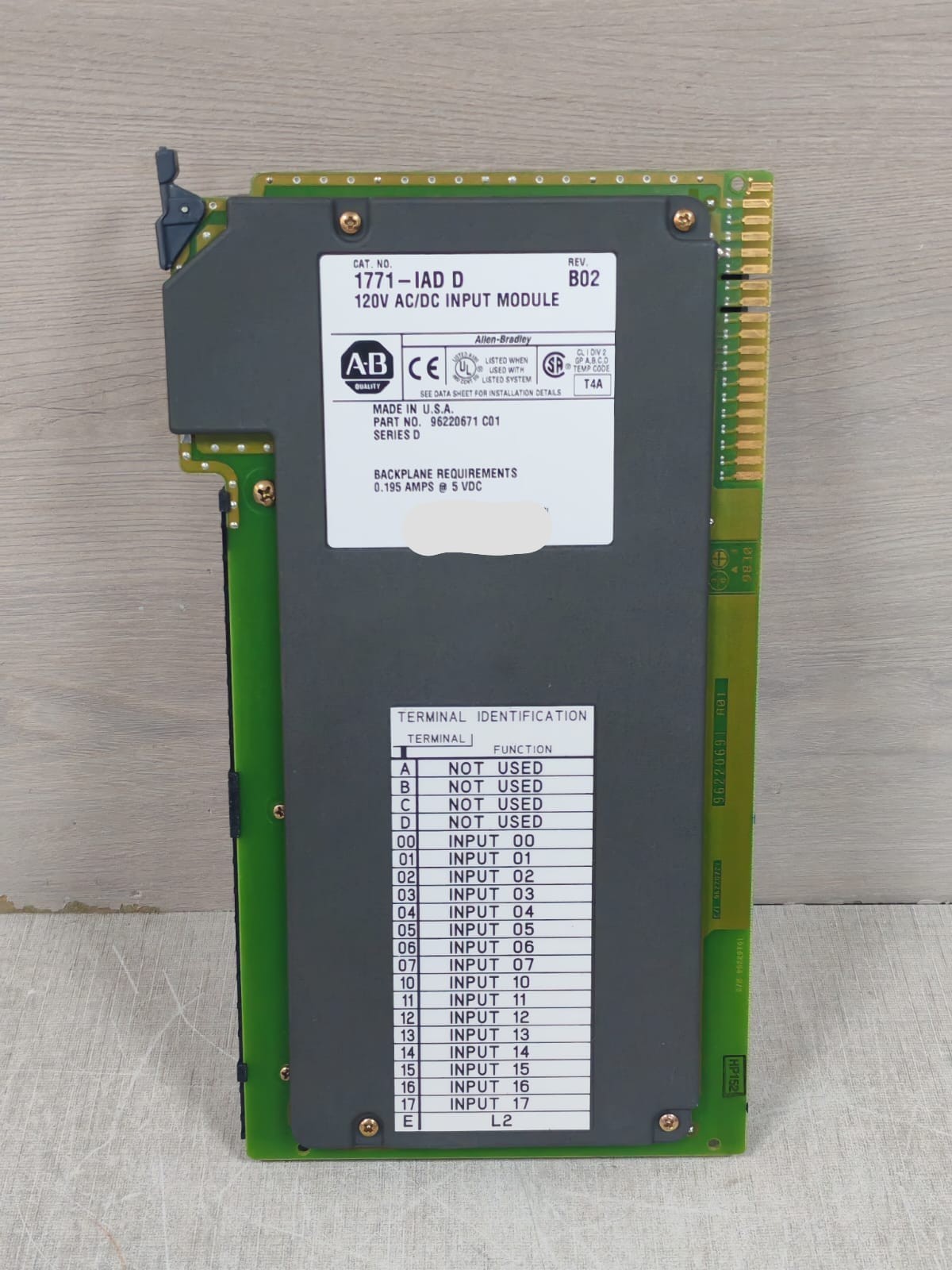 ALLEN BRADLEY 1771-IAD D REV.B02 96220671 C01 INPUT MODULE 120VAC/DC