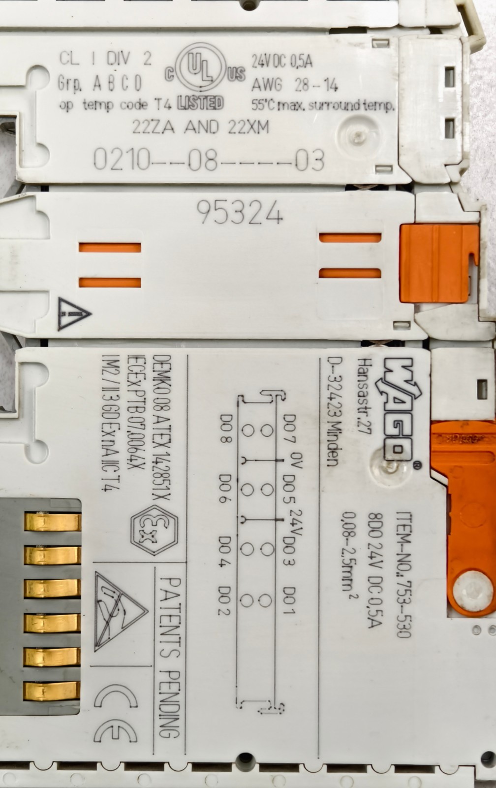 Wago 753-530 8 Digital Output Module DIN Rail Terminal Spring 24VDC 0.5A