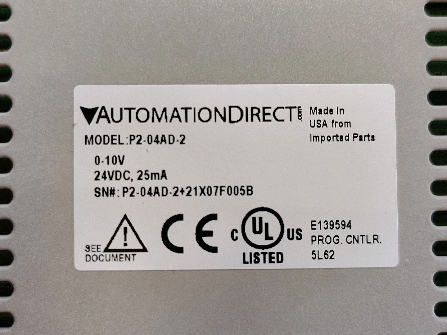 Automation Direct P2-04AD-2 P2000 PLC Analog Input Module, 4-Channel, 0-10VDC