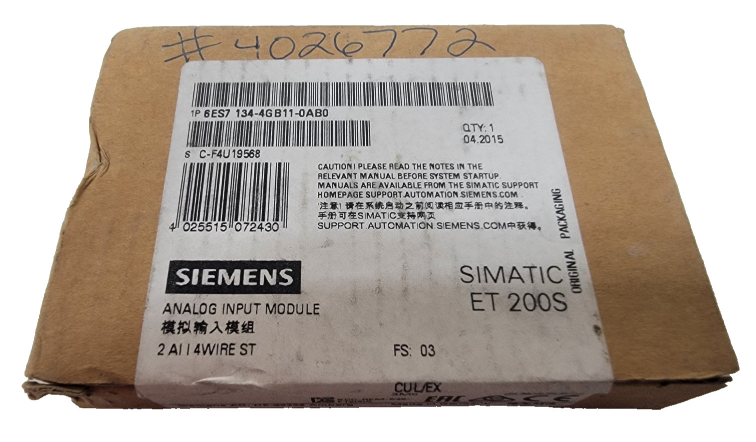 New Sealed Analog Input Module 2 AI I 4Wire ST Simatic ET 200S 6ES7 134-4GB11-0A