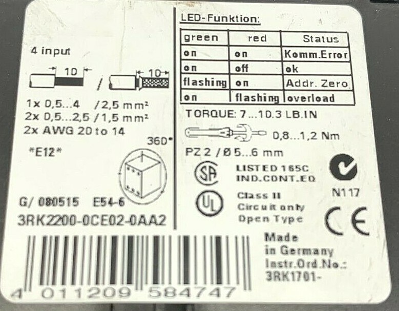 SIEMENS 3RK2200-0CE02-0AA2 AS INTERFACE MODULE, 4-INPUT