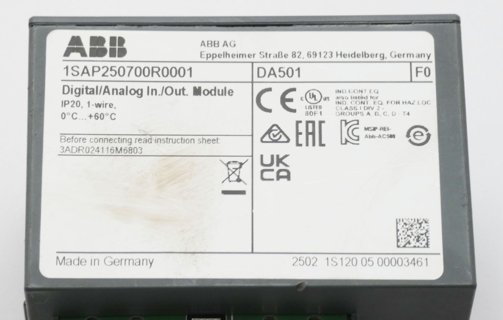 ABB DA501 1SAP250700R0001 E:F0 Digital / Analog I/O Module -Unused-
