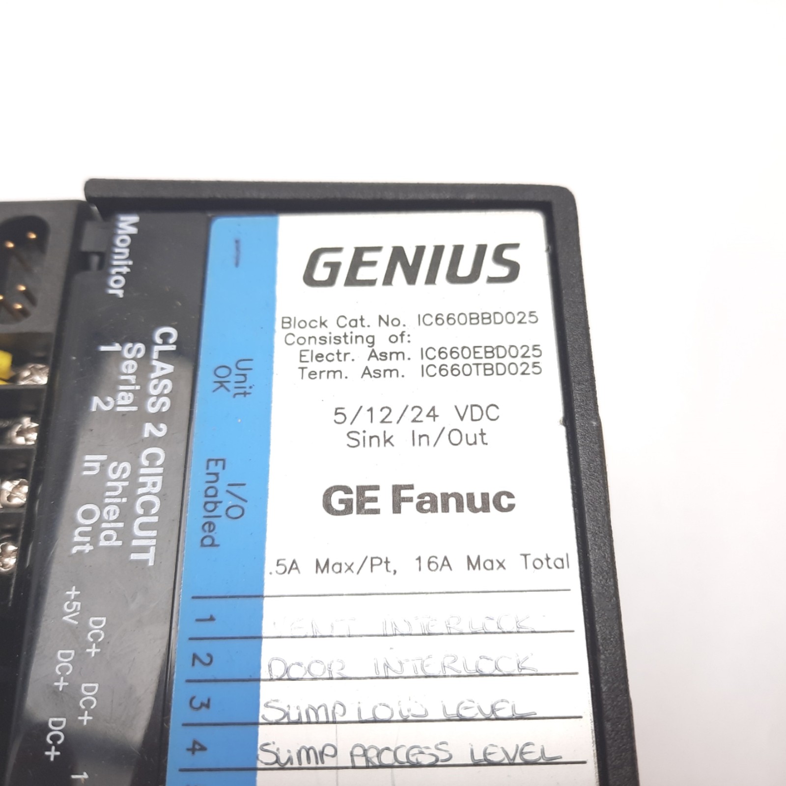 GE Fanuc IC660EBD025B Genius Discrete I/O Block, 5/12/24VDC Sink In/Out 0.5A Max