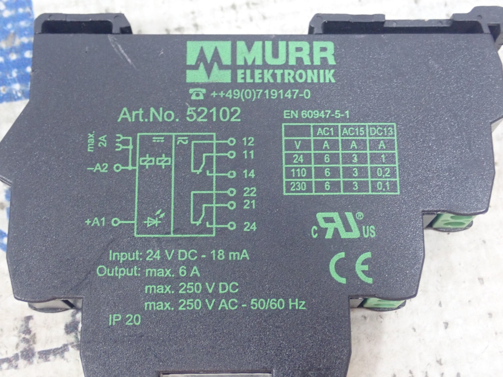 Murr Elektronik 52102 Output Relay 6A 250VDC Input 24VDC 18mA