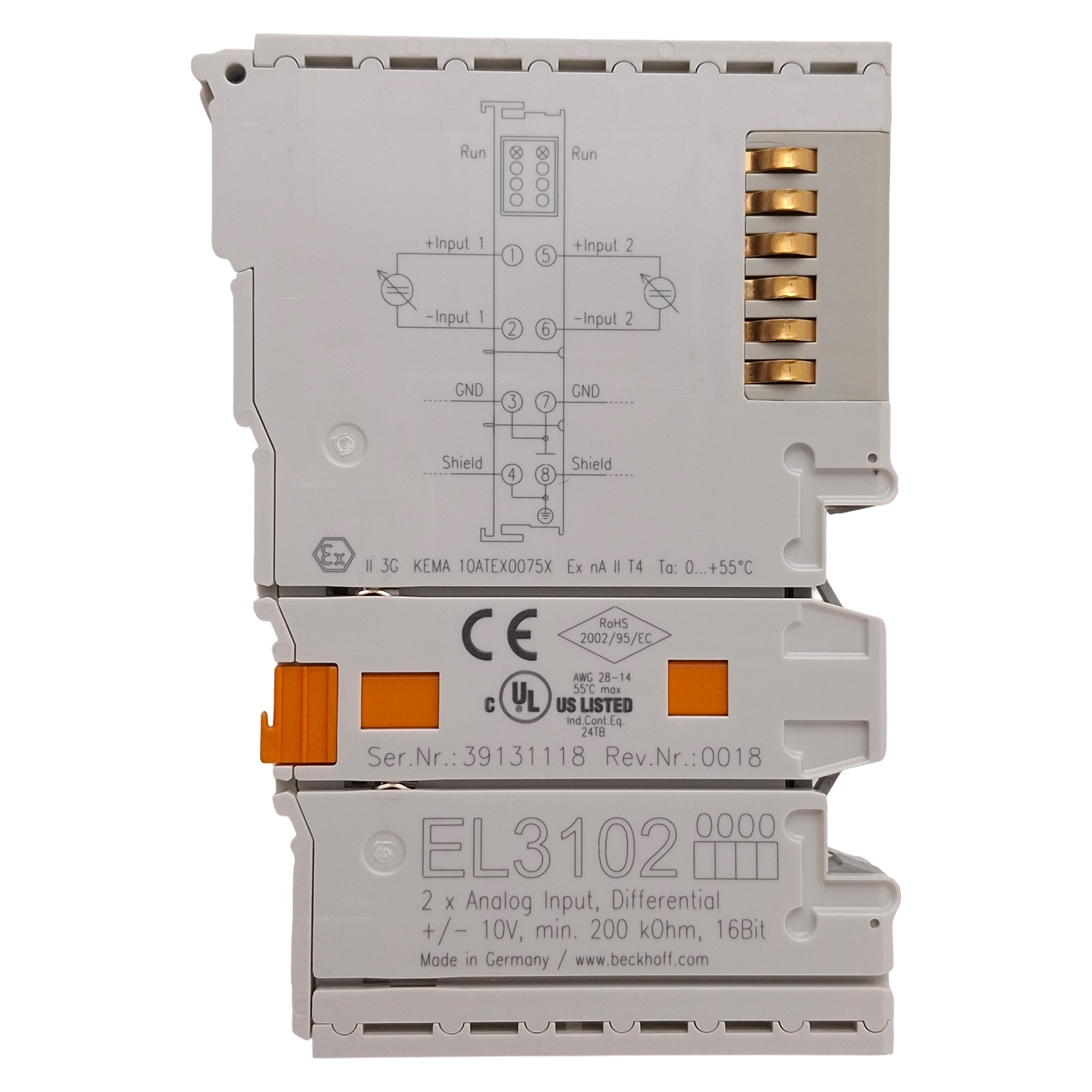 Beckhoff EL3102 EtherCAT Terminal, 2-Channel Analog Input, ±10V, 16-bit