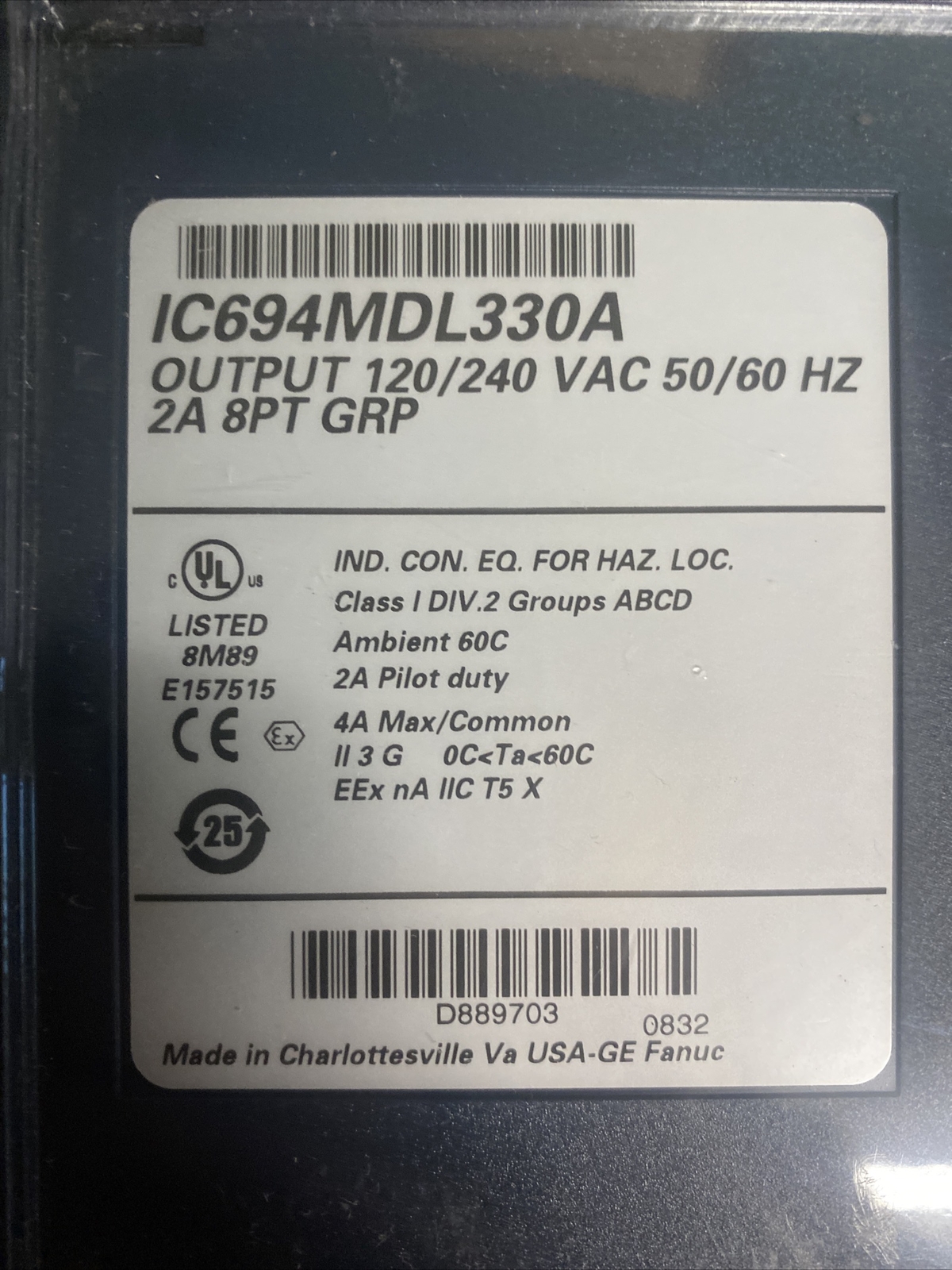 GE Fanuc IC694MDL330A 120/240 VAC 50/60HZ 2A 8PT GRP Output Module A 75