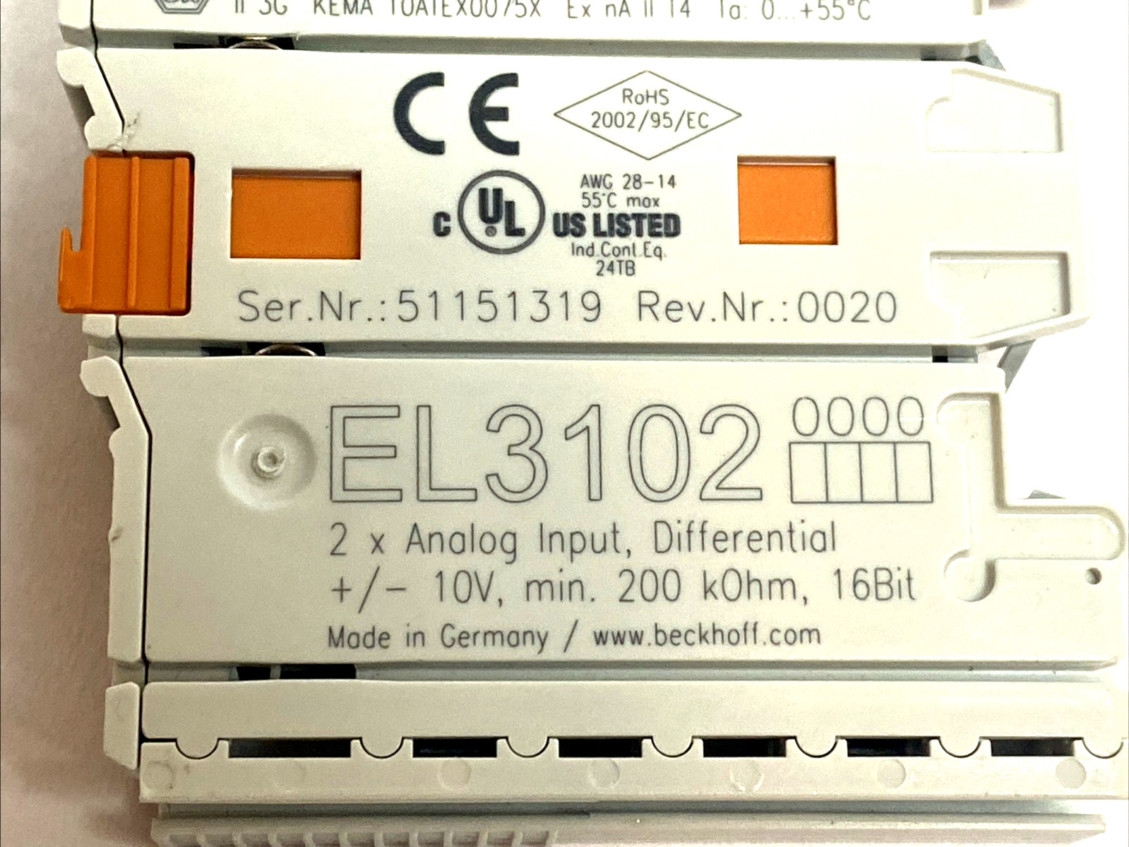 Beckhoff EL3102 EtherCAT 2‑Channel Analog Input ±10V 16‑Bit Terminal