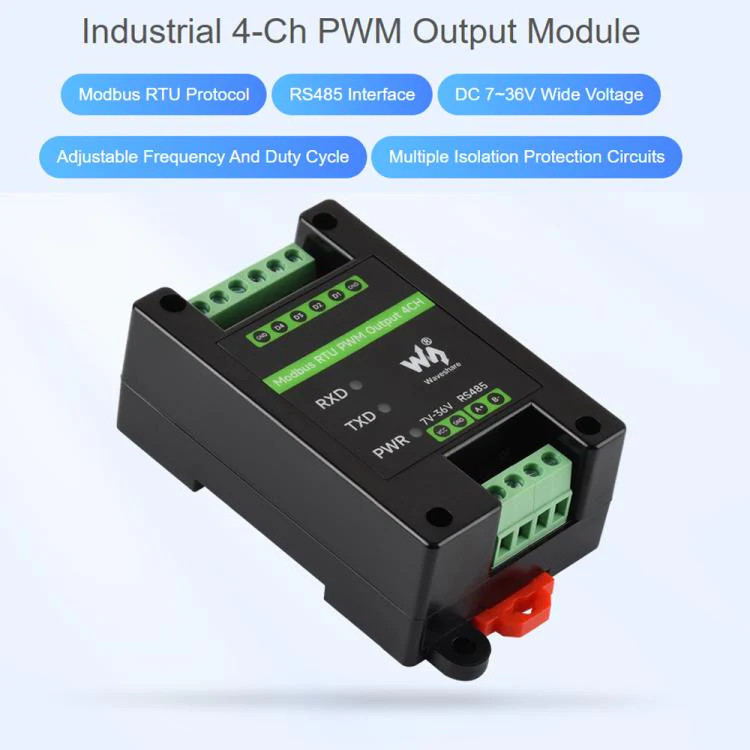 Waveshare Industrial 4-Ch PWM Output Module Modbus RTU RS485, Adjustable Frequen