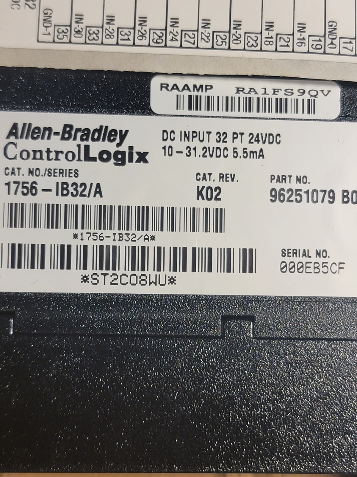 ALLEN BRADLEY CONTROL LOGIX 1756-IB32/A PART NO. 96251079 B02, F/W 2.7 NEW OTHER