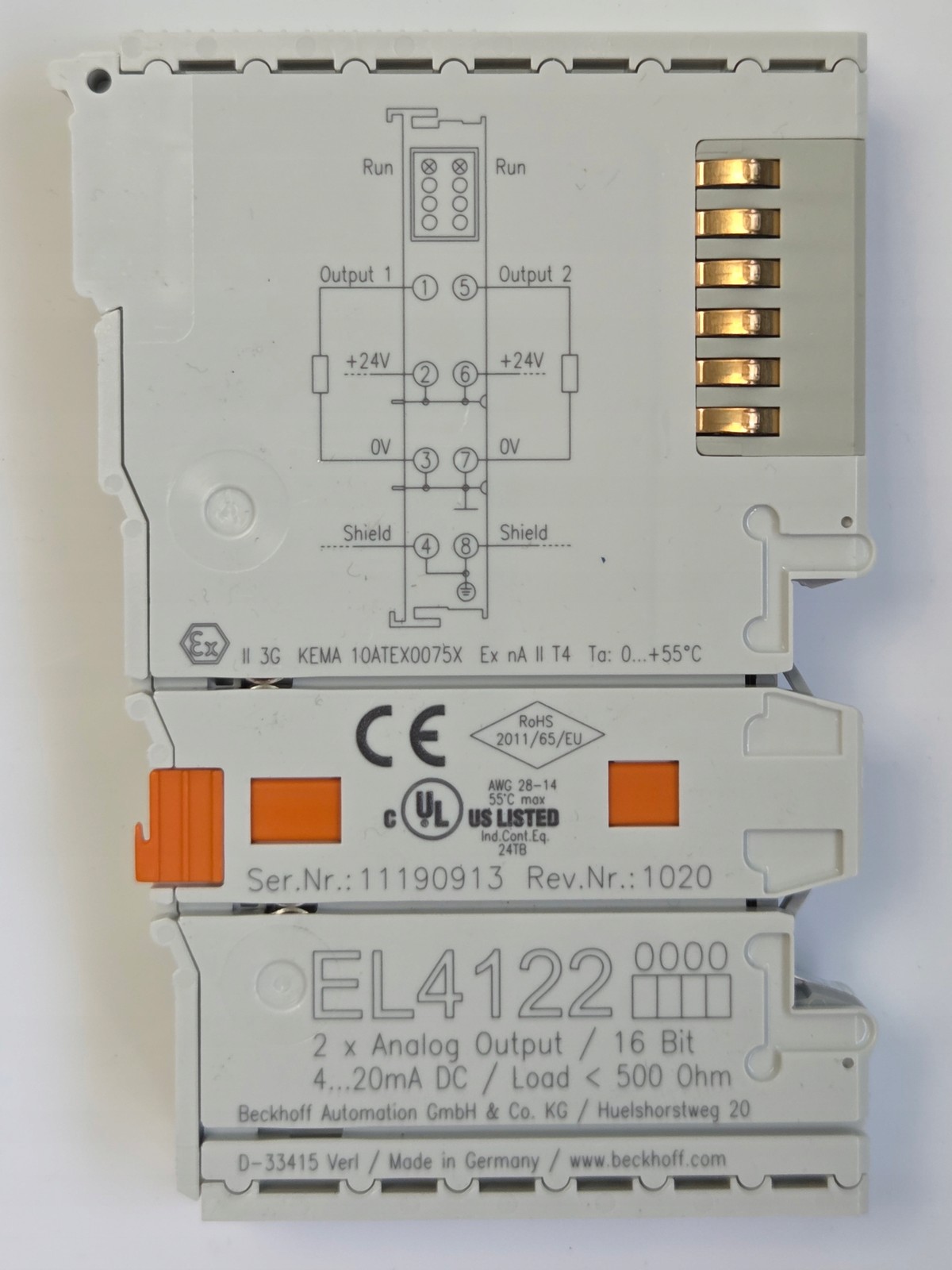 Beckhoff EL4122 2-Channel Analog Output Terminal 4-20mA 16-bit EtherCAT Module