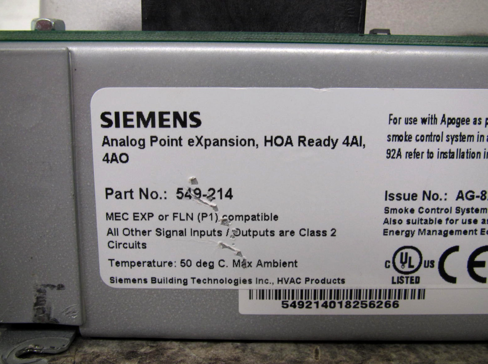 Siemens Apogee 549-214 HOA Ready 4AI / 4AO Analog Point Expansion Module Used