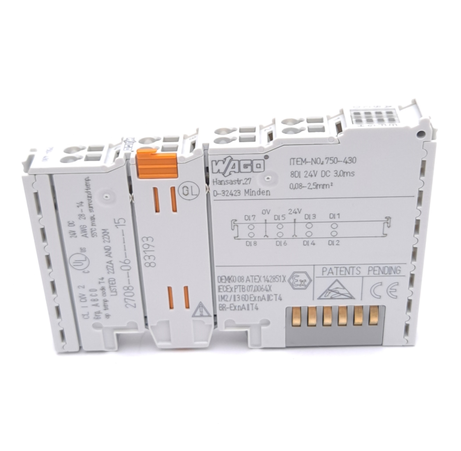 Wago 750-430 Digital Input Module, 8-Channel DI, 24VDC, 3ms, Cage Clamp, DIN