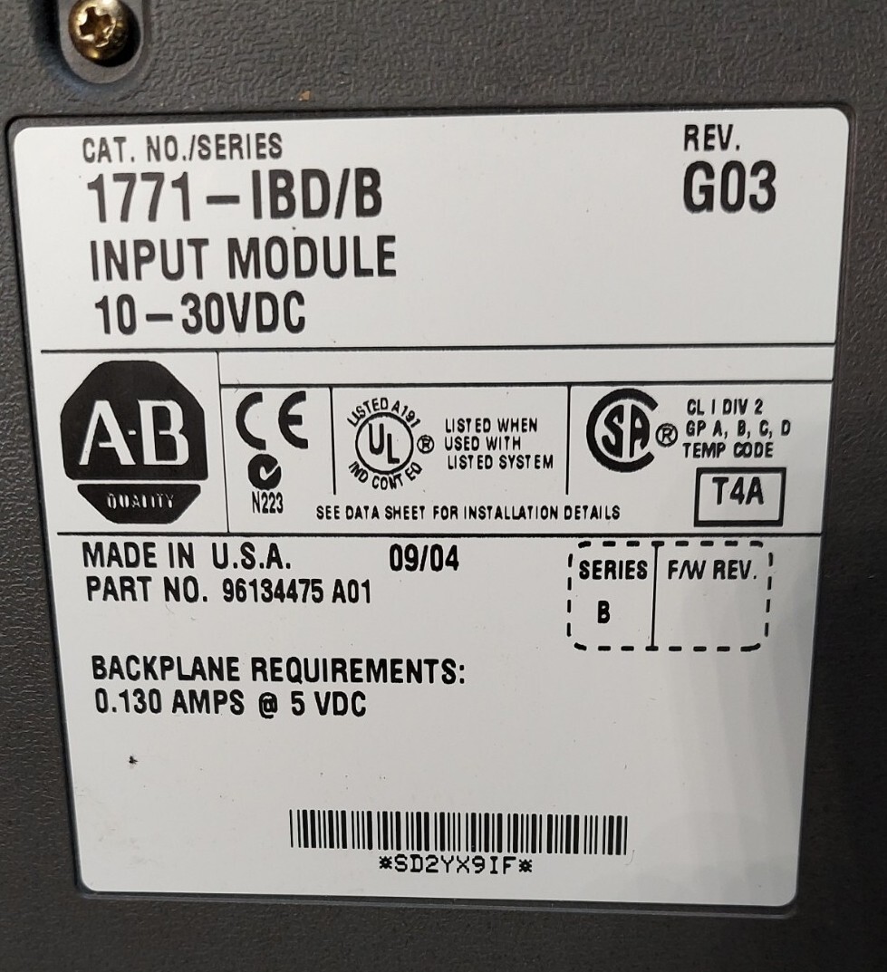 Allen Bradley 1771-IBD/B. G03 10-30 VDC Input Module. 96134475 A01