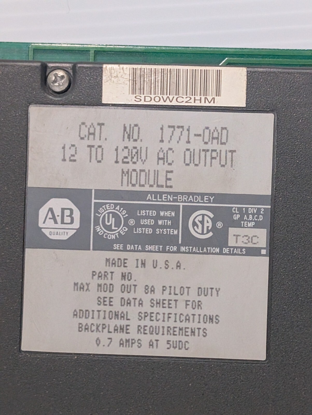 Allen Bradley 1771-OAD PLC Output Module, 12-120VAC, 10A, Made in USA