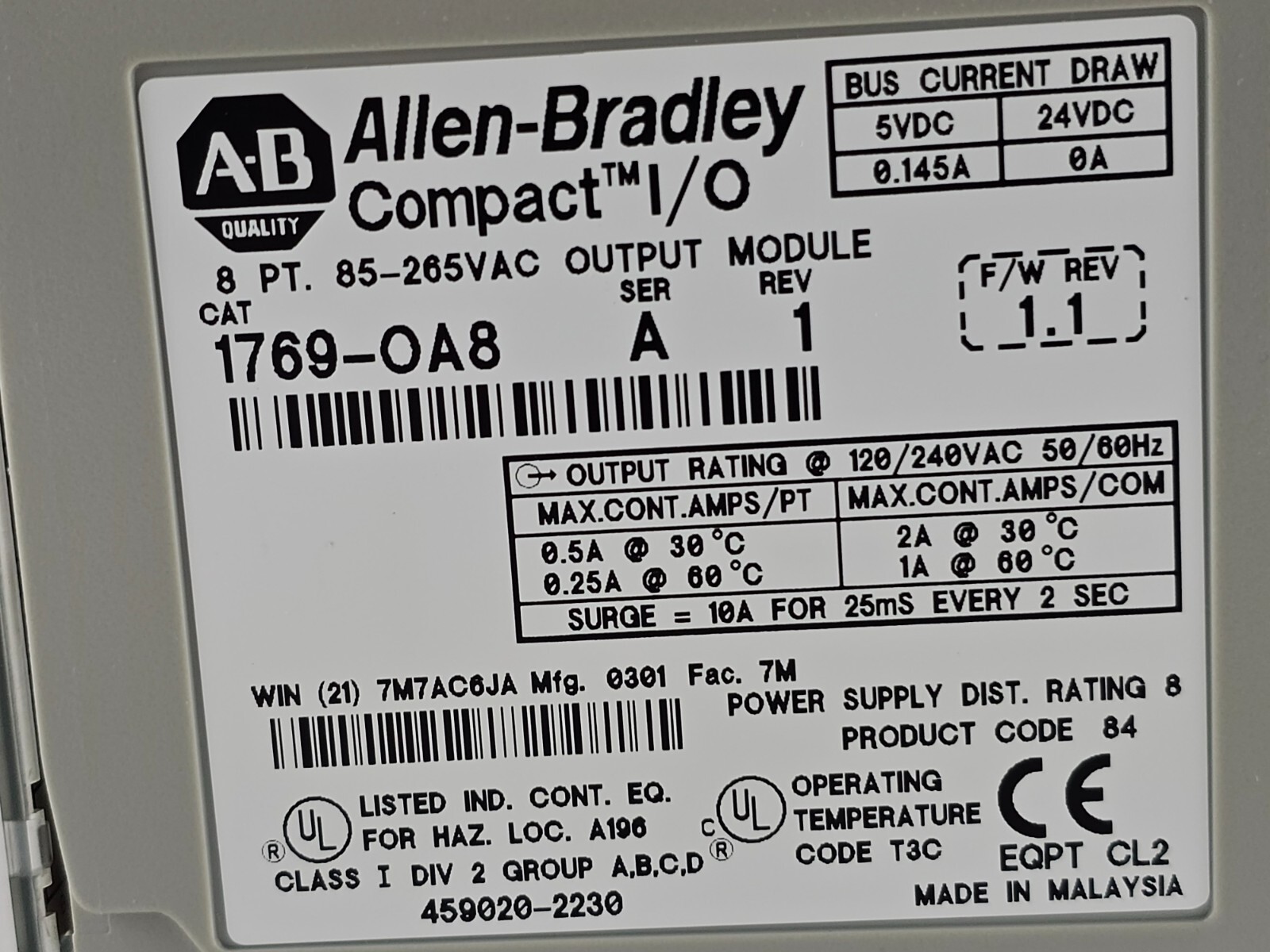 Allen Bradley 1769-OA8 /A CompactLogix 8P Digital Output Module 1769OA8 Lot of 3