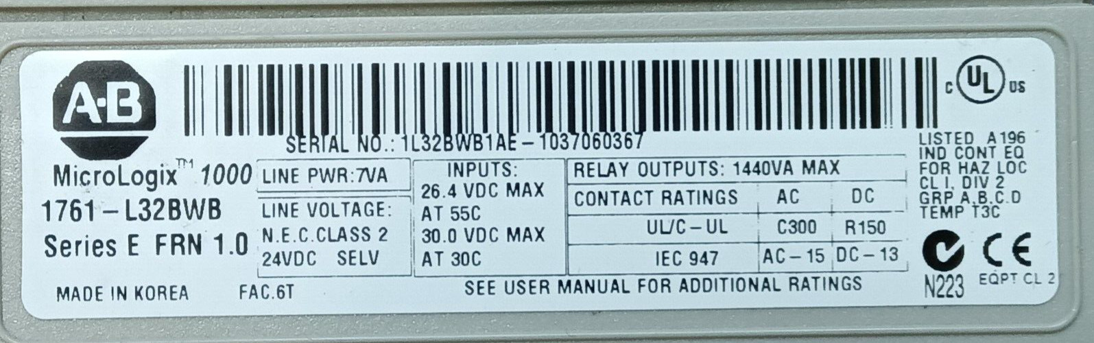 ALLEN BRADLEY MICROLOGIX 1000 CONTROLLER SERIES E 1761-L32BWB