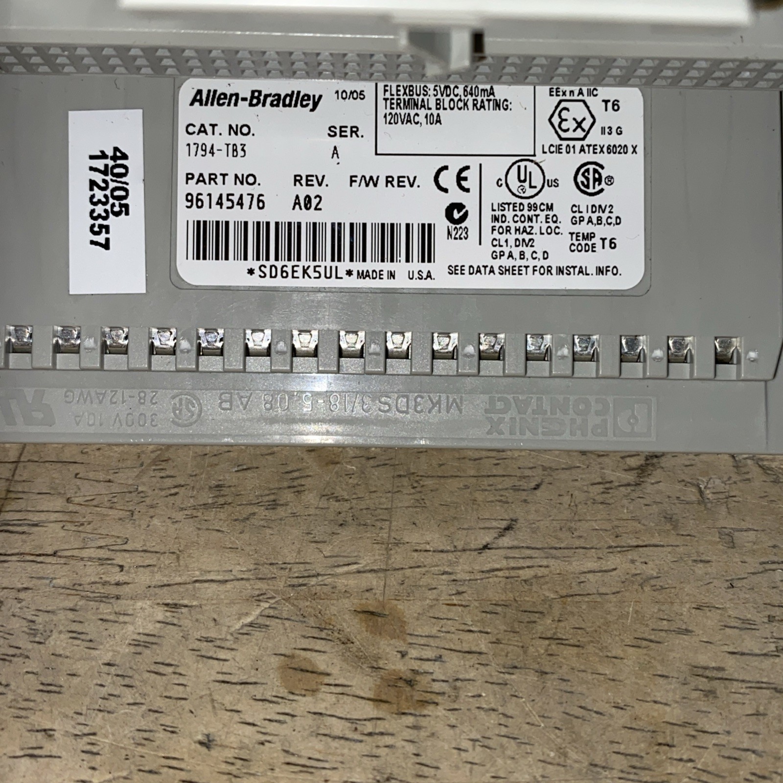 Allen Bradley 1794-TB3 Ser A Flex Terminal Base 10A 125V 50/60HZ 16-Term