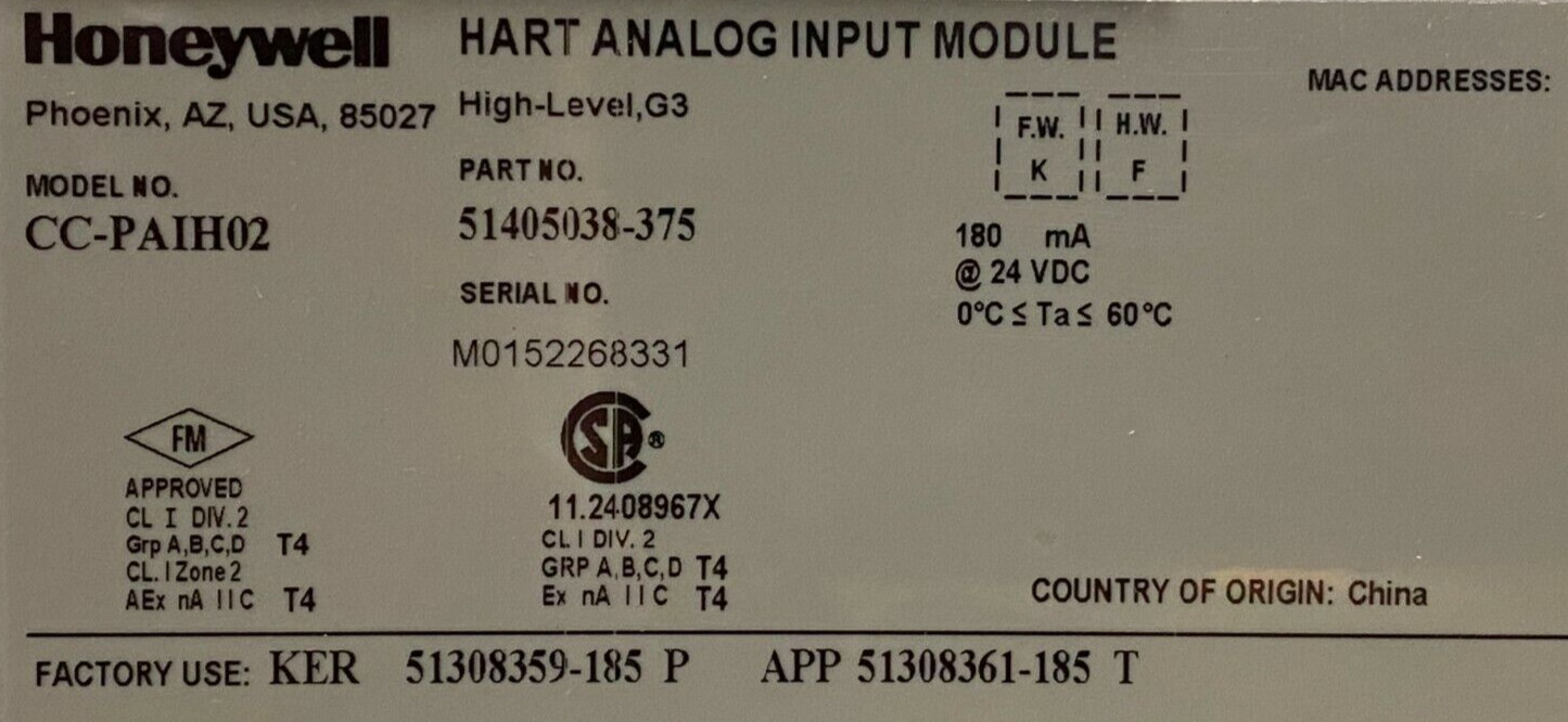 👀 HONEYWELL 24 VDC HART ANALOG INPUT MODULE CC-PAIH02 / 51405038-375