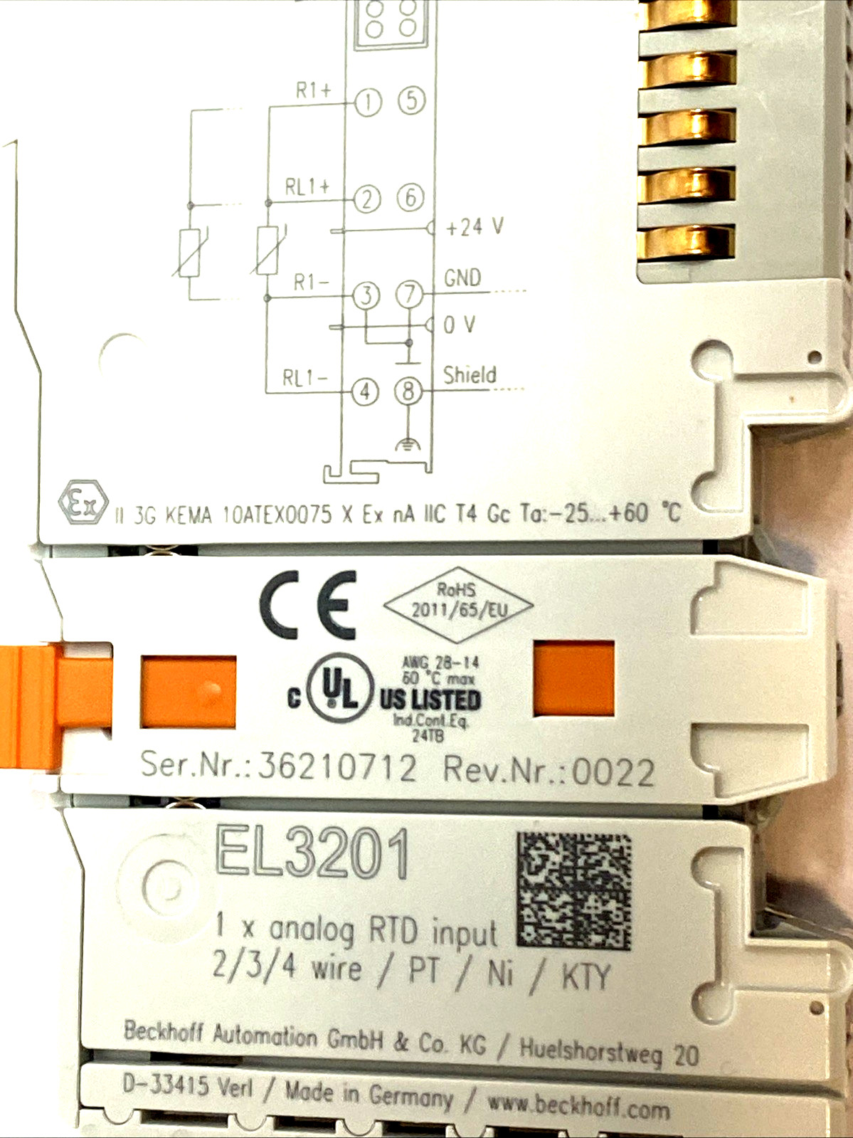 Beckhoff EL3201 1-Channel Analog Input Terminal RTD Pt100 RTD 16 Bit 4-Wire