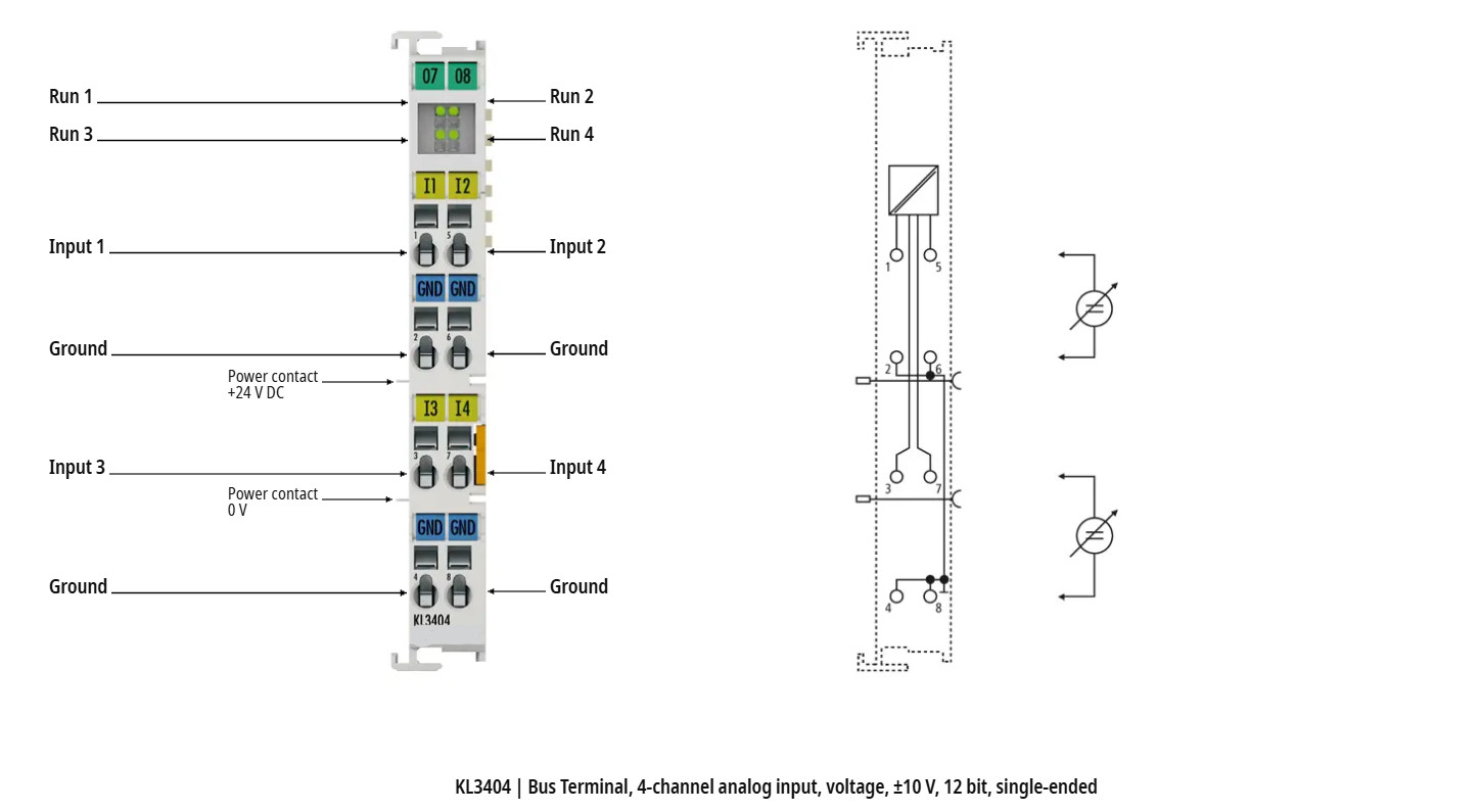 KL3404 | Bus Terminal, 4-channel analog input, voltage, ±10 V, 12 bit, single-en