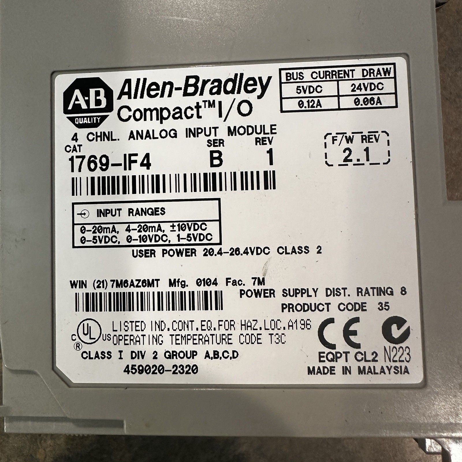 Allen Bradley 1769-IF4 Ser B Rev 1 4-Channel Analog Input Module Missing Door