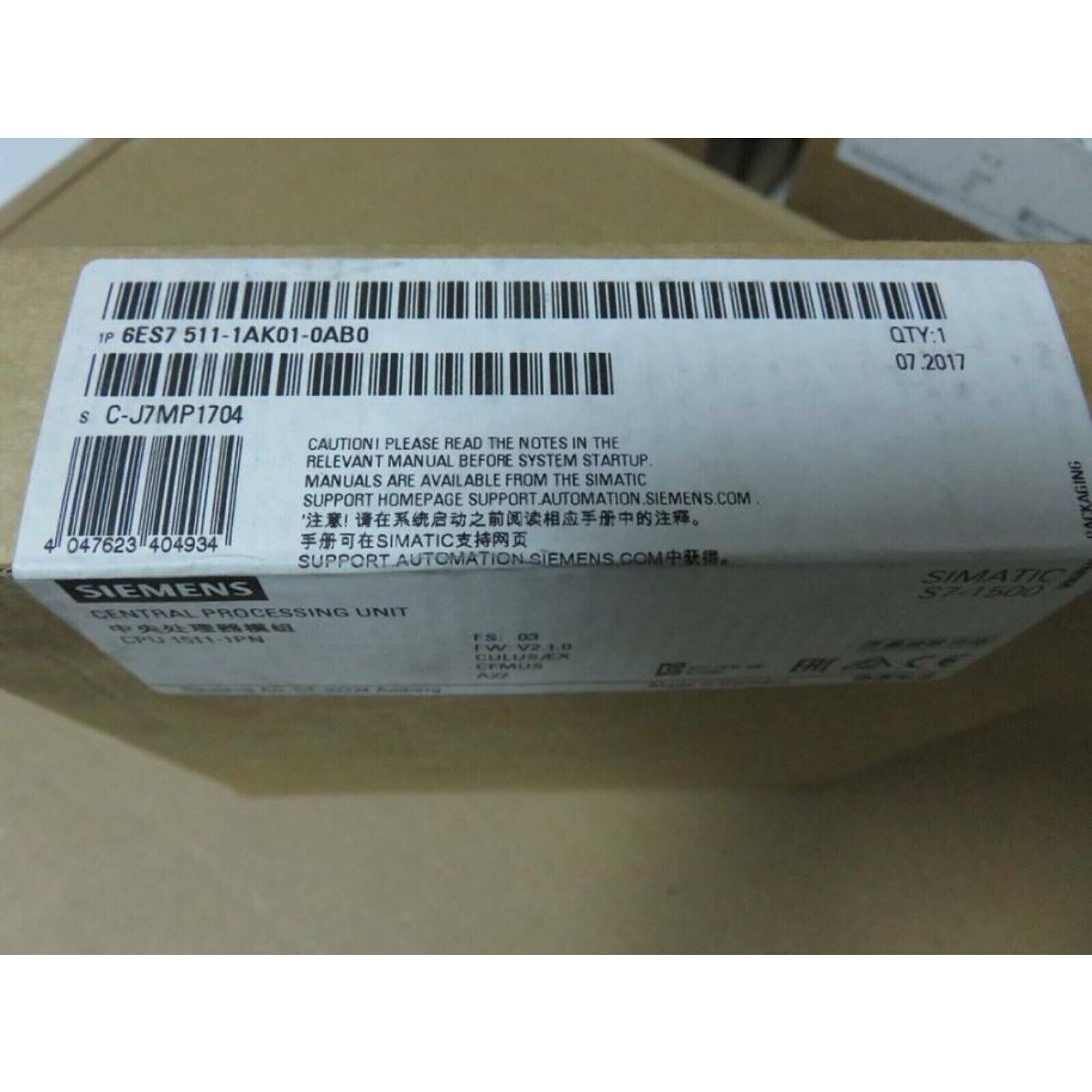 New Siemens S7-1500 CPU 1511-1 PN 6ES7 511-1AK01-0AB0 6ES7511-1AK01-0AB0