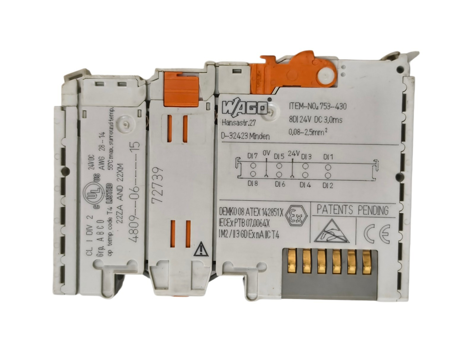 Wago 753-430 8 Digital Input Module Spring DIN Rail Terminal 24VDC IP20 ATEX EAC