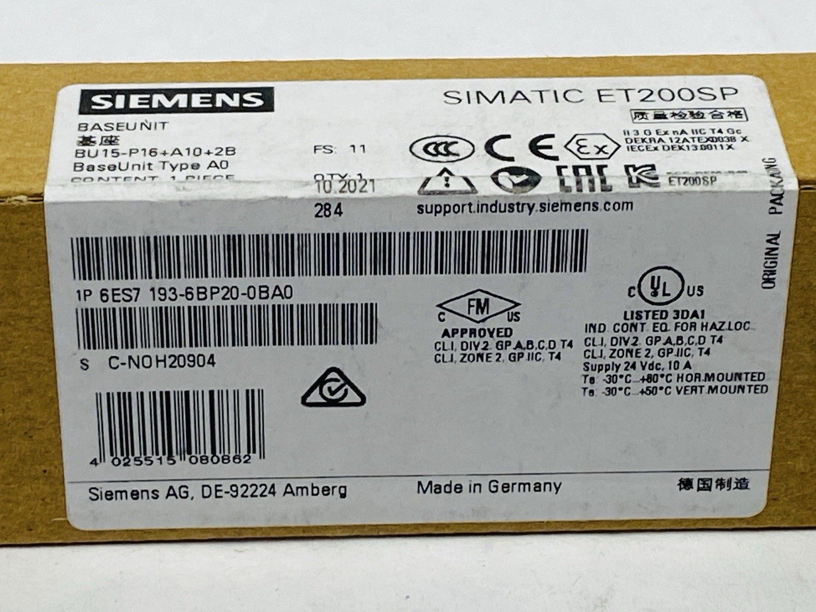 Siemens 6ES7 193-6BP20-0BA0 SIMATIC ET 200SP Base Unit BU15-P16+A10+2B