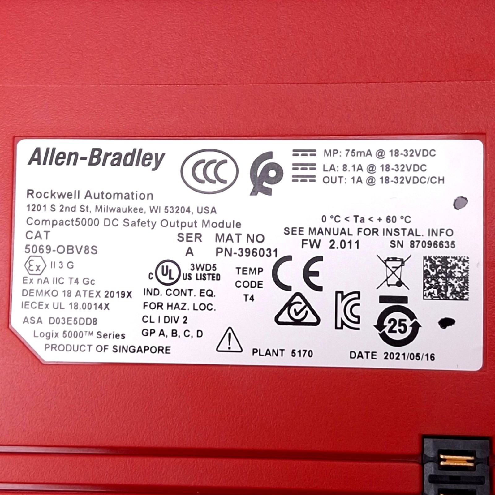 Allen Bradley 5069-OBV8S Compact5000 DC Safety Output Module, 8-Channel, FW2.011