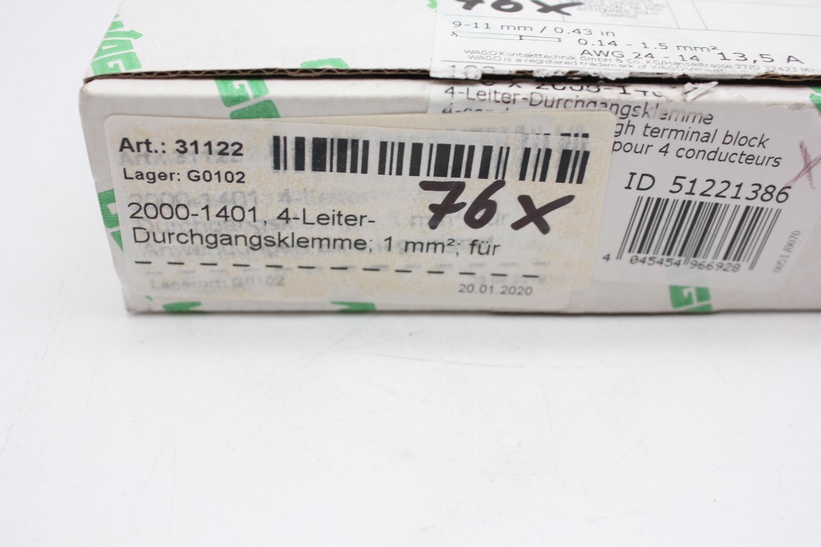 Wago 2000-1401 4-wire feed-through terminal block 10pcs.