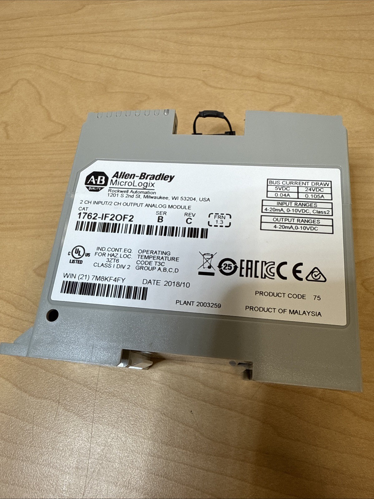 Allen Bradley AB 1762-IF2OF2 MicroLogix 1200 Analog I/O Module