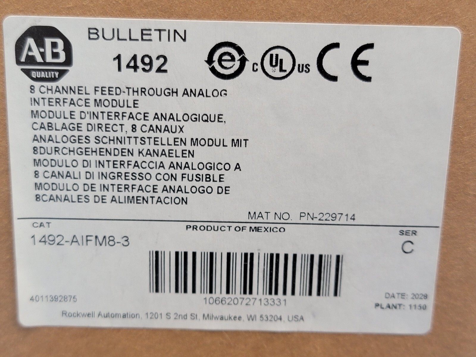 Allen Bradley 1492-AIFM8-3, 8 channel feed-through analog interface module, NEW