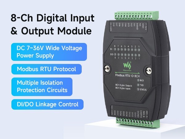 Waveshare Industrial 8-Ch Digital Input & Output Module, 7~36V