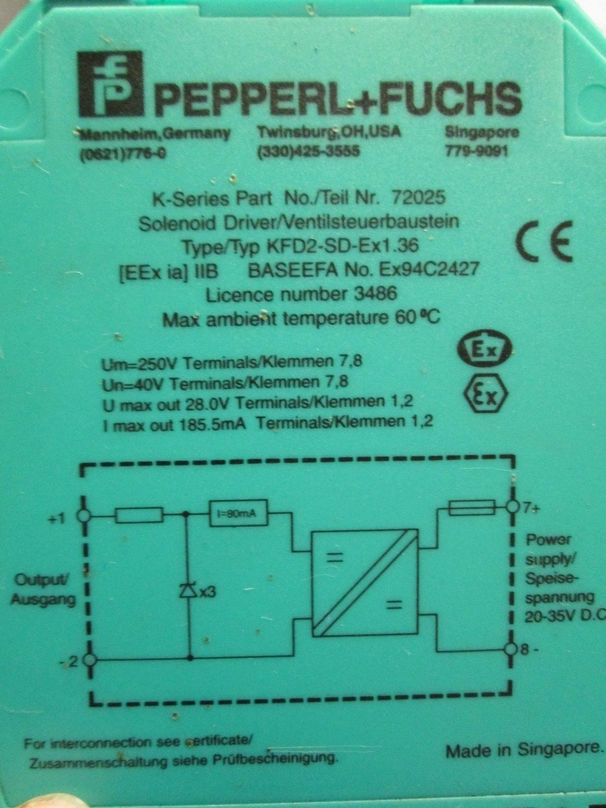PEPPERL + FUCHS INTRINSICALLY SAFE BARRIER Type KFD2-SD-Ex1.36 P/N 72025 (DR1C1)