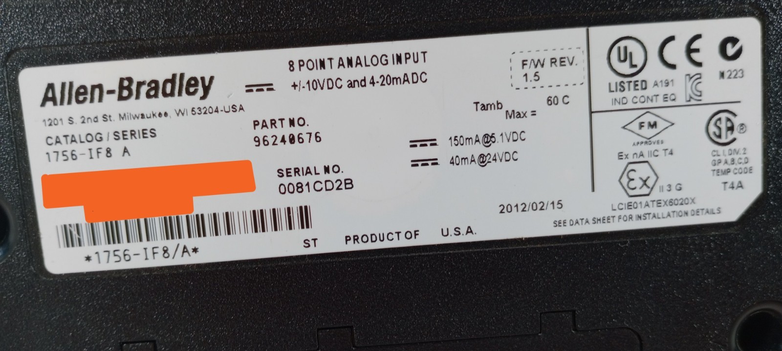 Allen Bradley 1756-IF8 Ser A ControlLogix Analog Input Module Current