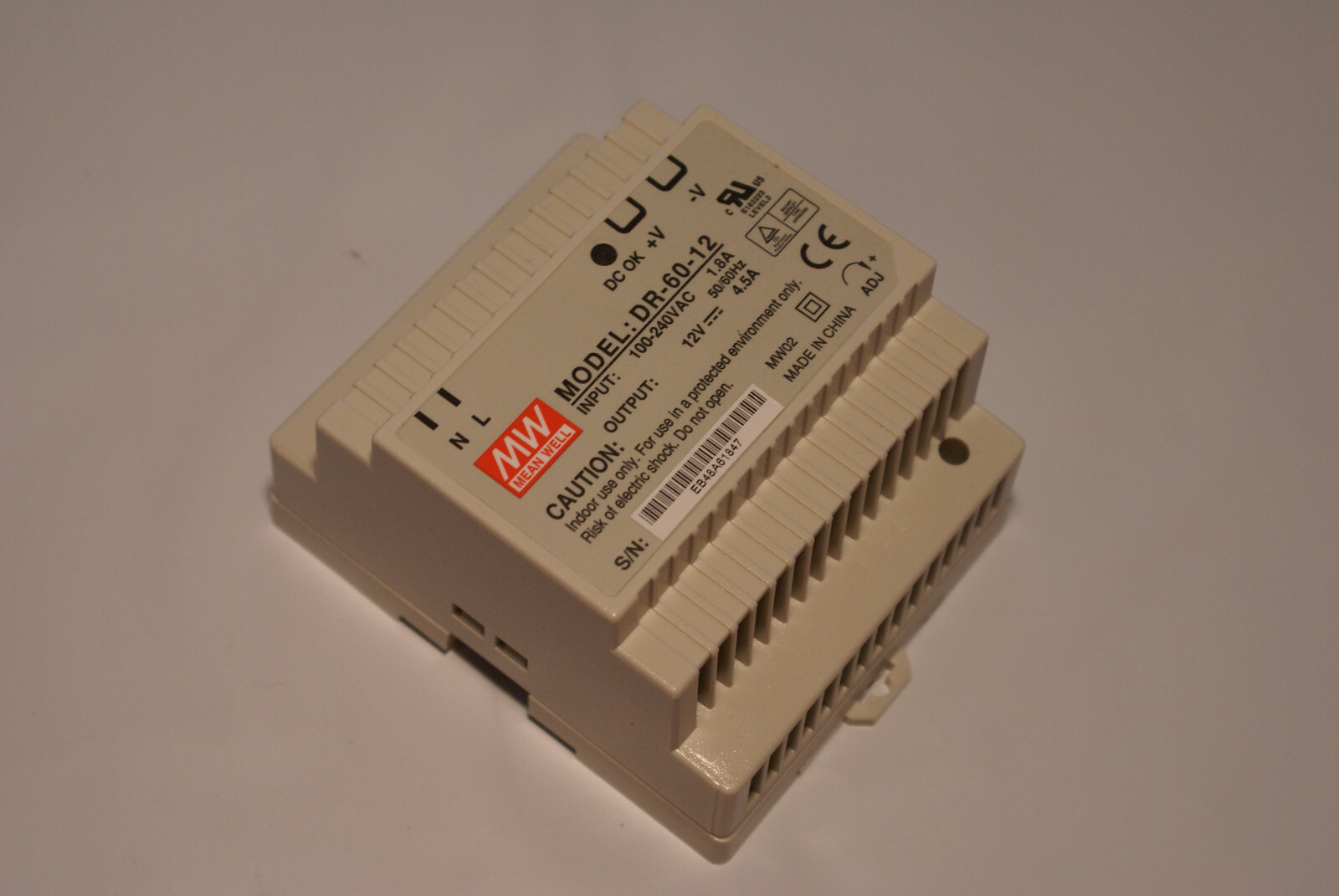MEAN WELL DR-60-12 Power Supply, In: 100-240VAC 1.8A 50/60Hz, Out: 12VDC 4.5A