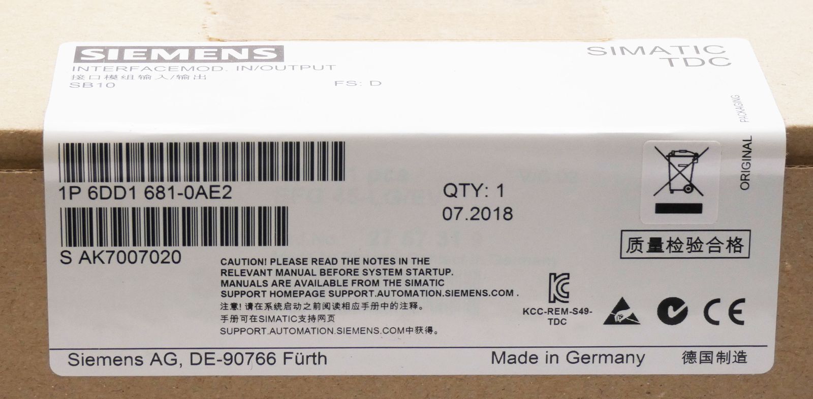 Siemens Simatic TDC 6DD1 681-0AE2 6DD1681-0AE2 FS:D -sealed-