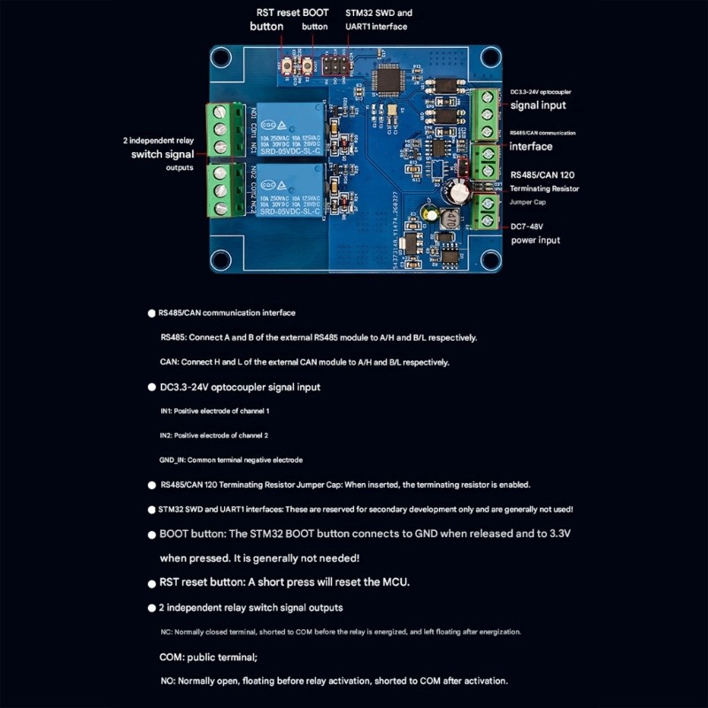 RS485 CAN Communication Port Relays Module 7V-48V Power Input for Automation
