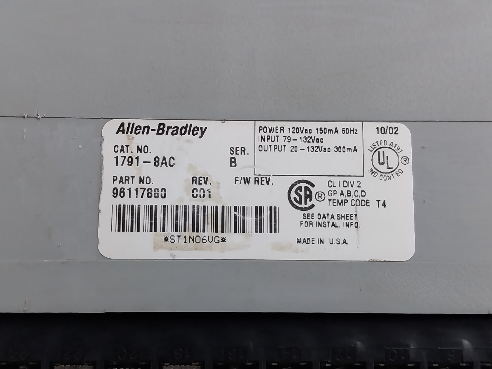 ALLEN-BRADLEY 1791-8AC Block I/O Module Ser B Rev C01 120VAC 150mA 60Hz