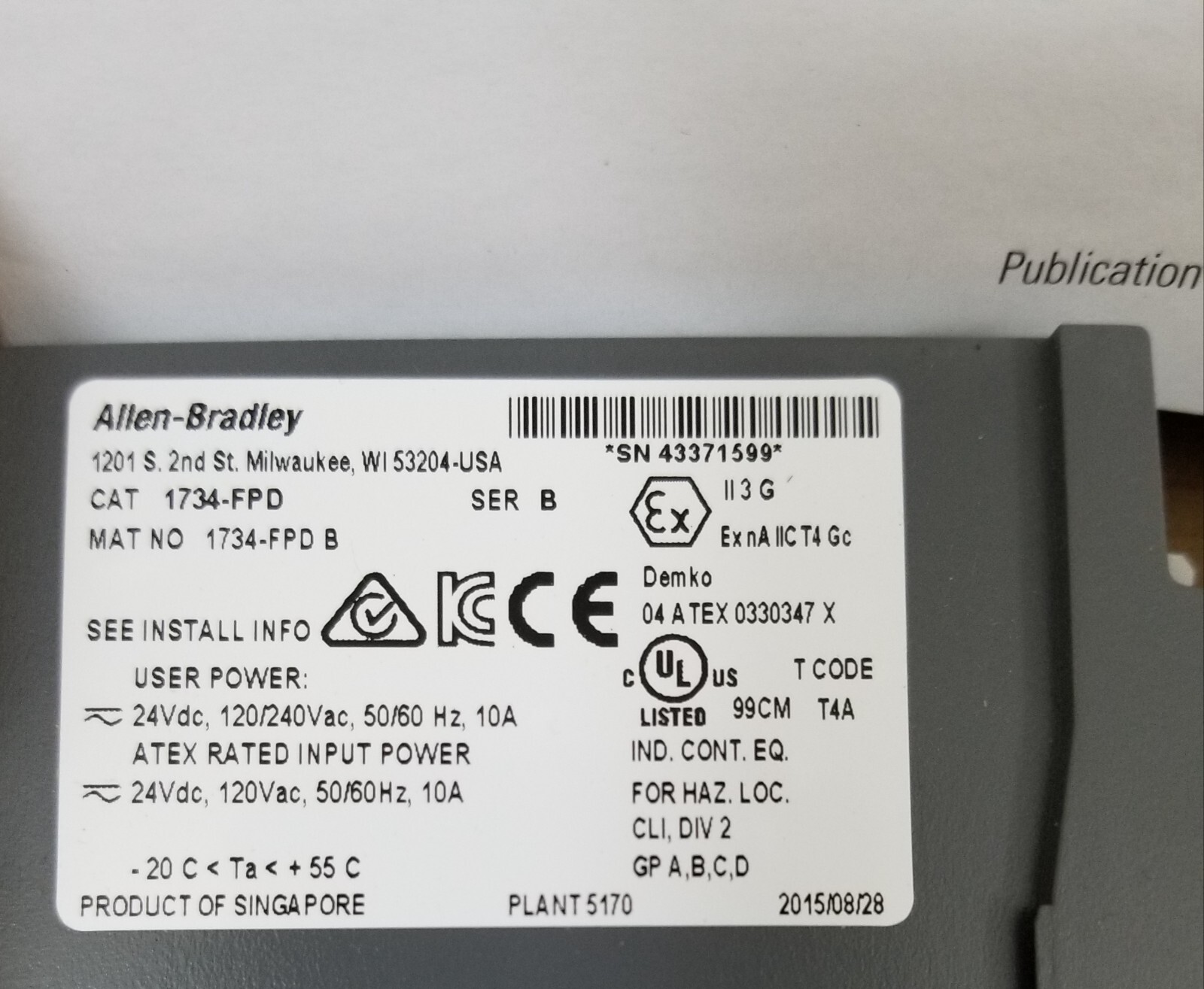Surplus NEW IN BOX Allen Bradley 1734-FPD/B Field Potential Distributor 24V/240V